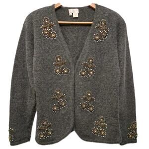 VTG 90s Apart Embellished Cardigan Sweater Womens Sz Medium Gray Wool Angora